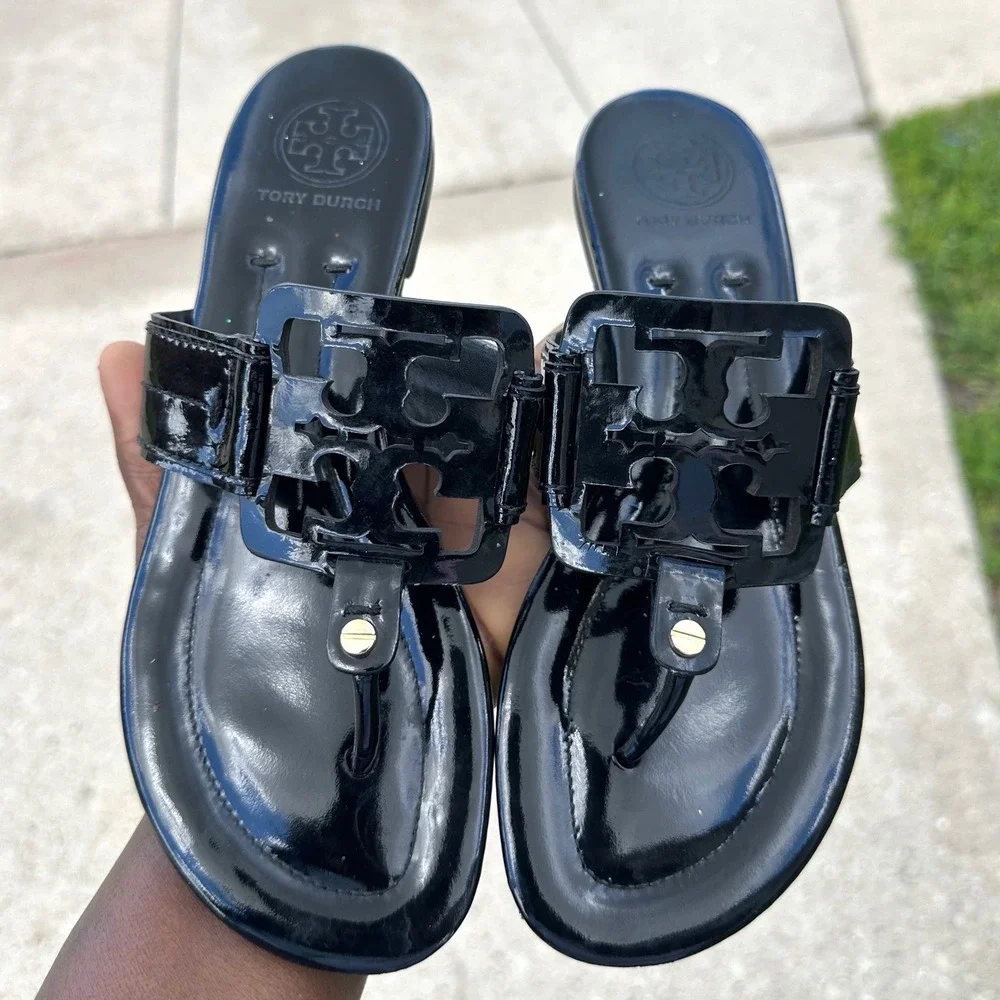 Tory Burch Miller Women's Patent Leather Logo Thong Sandals Slides Size 7 Black